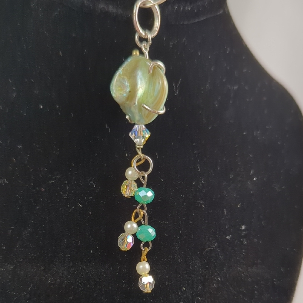 Green Iridescent Glass Bead Drop Earrings with Crystal Accents